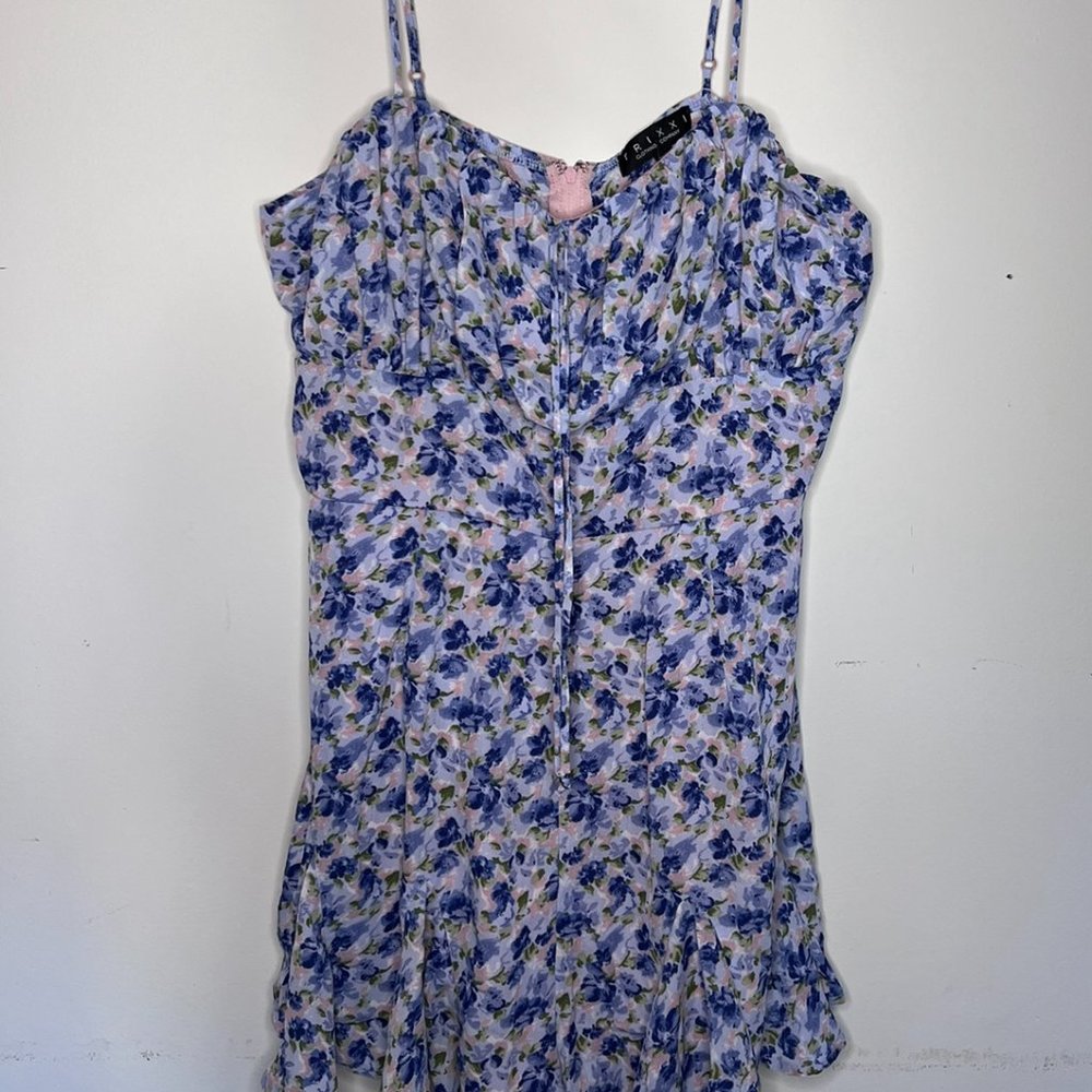 Trixxi Floral Blue Ruffled Romper Spaghetti Strap Ruched Bust NWT